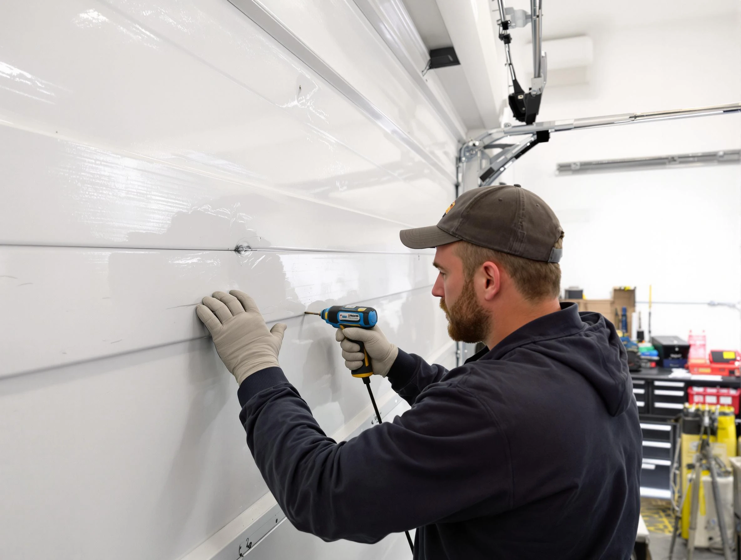 Danvers Garage Door Repair technician demonstrating precision dent removal techniques on a Danvers garage door